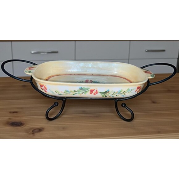 Gail Pittman Chelsea Hand Painted Stoneware Baking Dish  Iron Stand Floral Cream - Picture 6 of 6